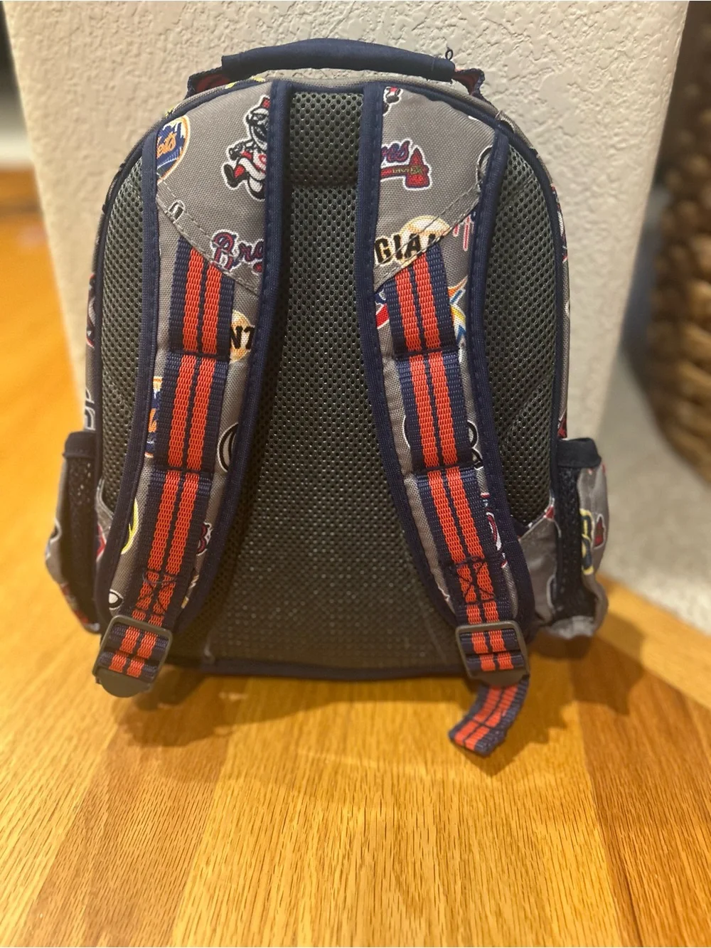 Pottery Barn Kids MLB Baseball Teams Pattern Grey Backpack with Navy Trim